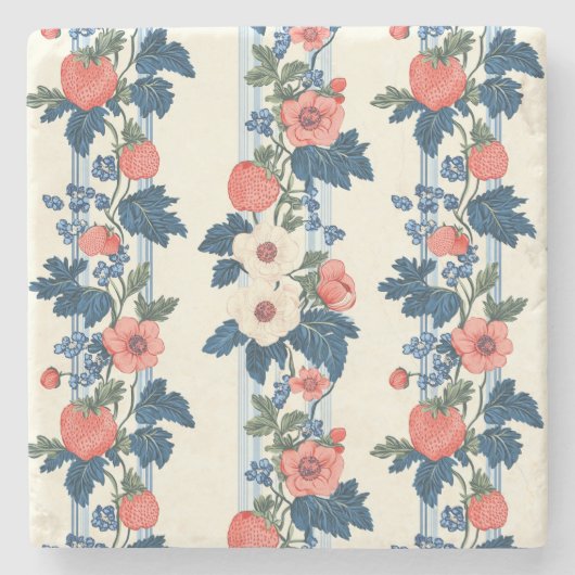 Vintage Erdbeeren & Blaue Blätter Blumenmuster Steinuntersetzer (Vorderseite)