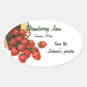 Vintage-Erdbeeren im Korb, Lebensmittel Obst Beere Ovaler Aufkleber