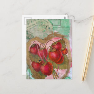 Vintage-Erdbeeren Mixed-Media-Collage Postkarte