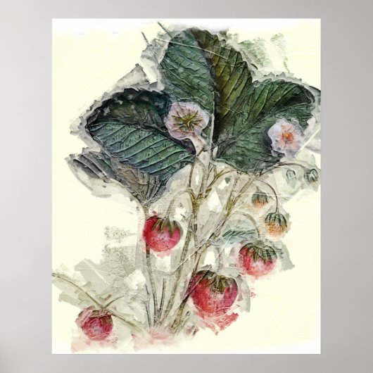 Vintage Erdbeeren Pflanze Blume Wasserfarbe Poster (Vorne)