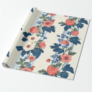Vintage-Erdbeeren- und Blaublatt-Blumenmuster Geschenkpapier