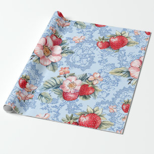 Vintage-Erdbeeren- und Blumenmuster Geschenkpapier