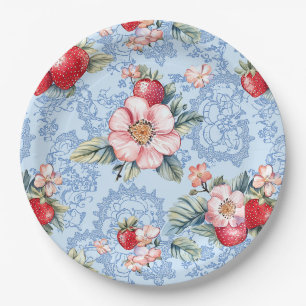Vintage-Erdbeeren- und Blumenmuster Pappteller