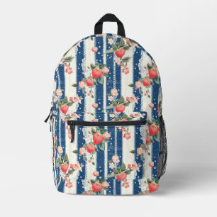 Vintage Erdbeeren und Blüten auf blauen Streifen ( Bedruckter Rucksack