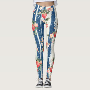 Vintage Erdbeeren und Blüten auf blauen Streifen ( Leggings