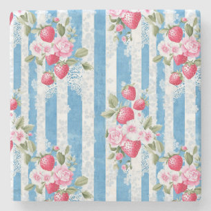 Vintage Erdbeeren und Blüten auf blauen Streifen Steinuntersetzer