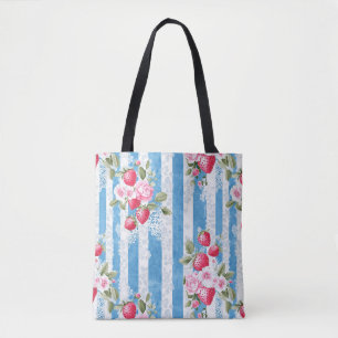Vintage Erdbeeren und Blüten auf blauen Streifen Tasche