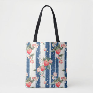 Vintage Erdbeeren und Blüten auf blauen Streifen ( Tasche