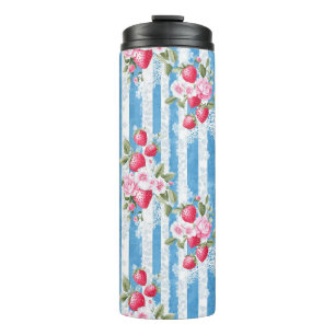 Vintage Erdbeeren und Blüten auf blauen Streifen Thermosbecher