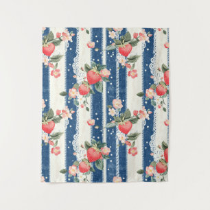 Vintage Erdbeeren und Blüten auf blauen Streifen ( Wandteppich