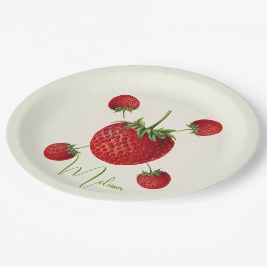 Vintage-Erdbeerkunst Name personalisiert Pappteller (Schrägansicht)