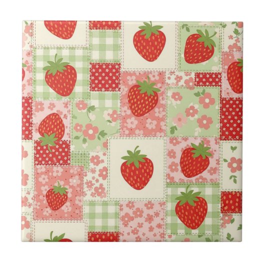 Vintage-Erdbeerpicknick-Patchworkmuster Fliese (Vorderseite)
