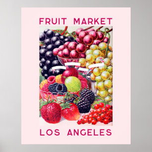 Vintage Erdbeertrauben Obstmarkt Pink Poster