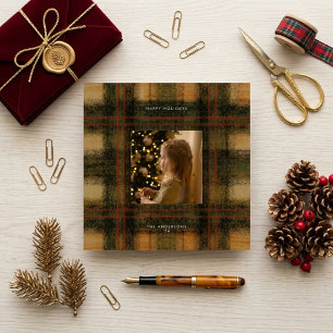 Vintage-Erdfarbene-Tartan-Preppy-Foto Feiertagskarte
