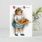 Vintage Erntedank Girl with Pie Feiertagskarte (Stehend Vorderseite)