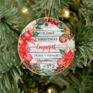 Vintage erste WeihnachtsEngage Wreath Poinsettia Keramik Ornament