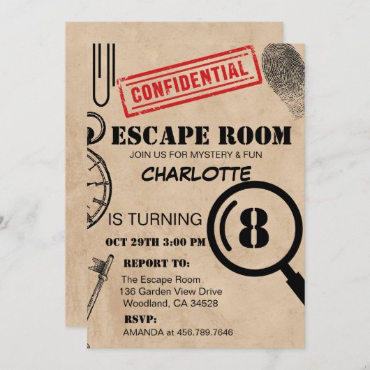Vintage Escape Room Mystery Geburtstagsparty Einladung (Vorne/Hinten)