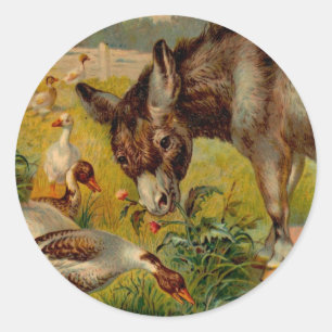 Vintage Esel mit Gänsen Runder Aufkleber