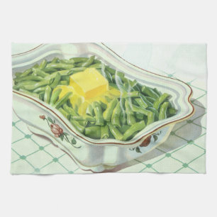 Vintage-Essen, Grüne-Bohnen-Auflauf mit Butter Geschirrtuch