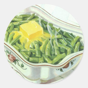 Vintage-Essen, Grüne-Bohnen-Auflauf mit Butter Runder Aufkleber
