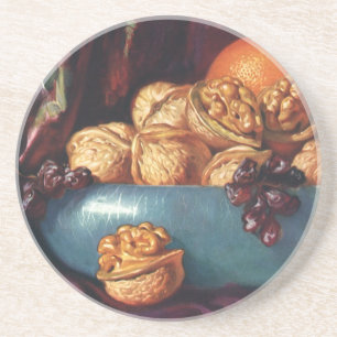 Vintage-Essen, Walnüsse und Früchte in einer blaue Untersetzer