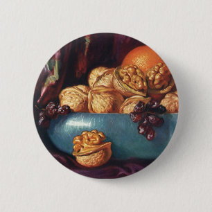 Vintage-Essen, Walnüsse und Obst in einer blauen S Button