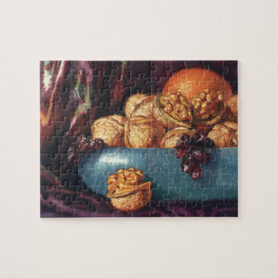 Vintage-Essen, Walnüsse und Obst in einer blauen S Puzzle
