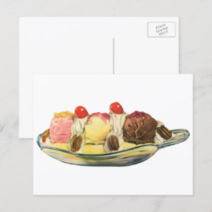 Vintage-Essensdesserts, Bananensplit-Kirschen Postkarte