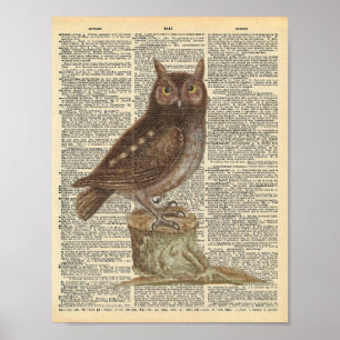 Vintage Eule auf Baumstumpf Vintage-Wörterbuchseit Poster