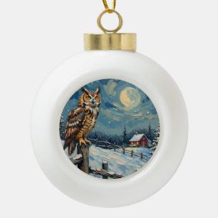 Vintage Eule auf Zaun über gefrorenem Weihnachtsfe Keramik Kugel-Ornament