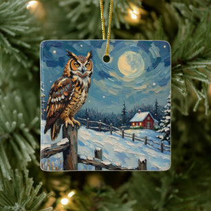 Vintage Eule auf Zaun über gefrorenem Weihnachtsfe Keramikornament
