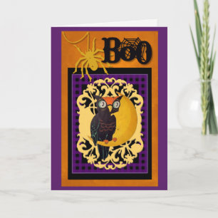 Vintage Eule Halloween Card. Boo, Lila, orange Karte