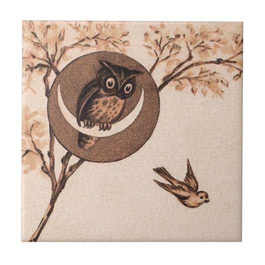 Vintage Eule im Mond Fliese (Vorderseite)