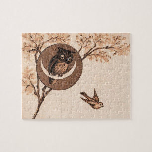 Vintage Eule im Mond Puzzle