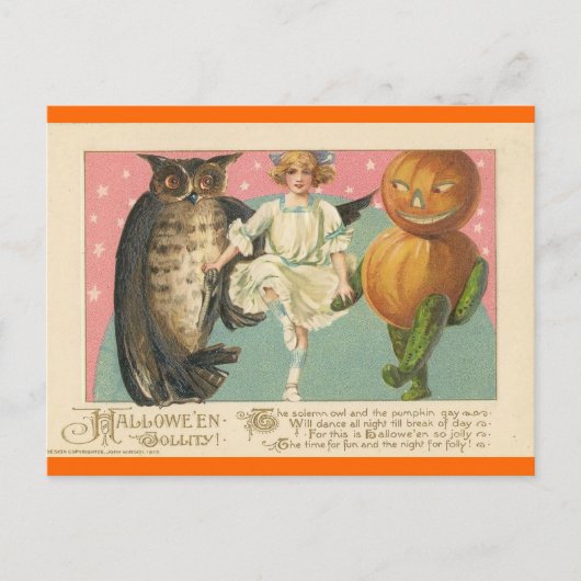 Vintage Eule und Kobold Halloween Feiertagspostkarte (Vorderseite)