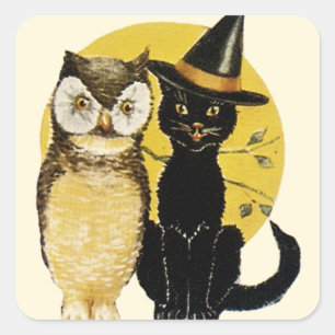 Vintage Eule und Schwarze Katze - Halloween-Aufkle Quadratischer Aufkleber