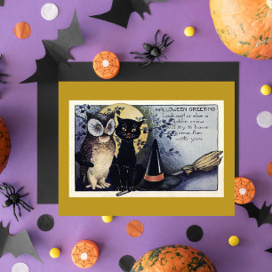 Vintage Eule und schwarze Katze Halloween-Grußkart Postkarte