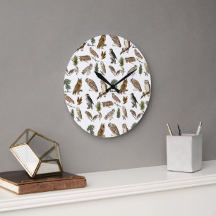 Vintage-Eulen-Aquarell-Waldmuster Große Wanduhr