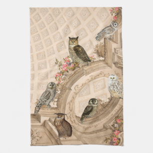 Vintage-Eulen-Collage mit floraler Architektur Geschirrtuch