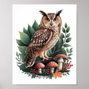 Vintage-Eulen-Cottagecore-Ästhetik-Pilz-Aufkleber Poster