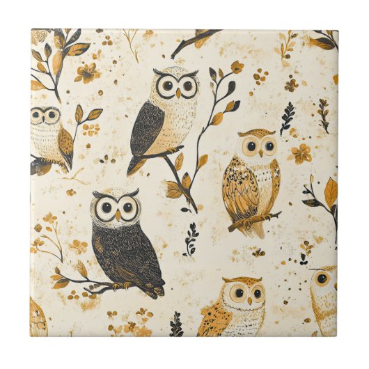 Vintage Eulen & Florales Botanisches Muster (2) Fliese (Vorderseite)