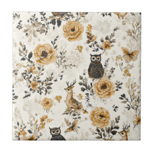 Vintage Eulen & Florales Botanisches Muster (3) Fliese