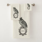 Vintage-Eulen-Monogramm Elfenbein-Schwarz Badhandtuch Set (Insitu)
