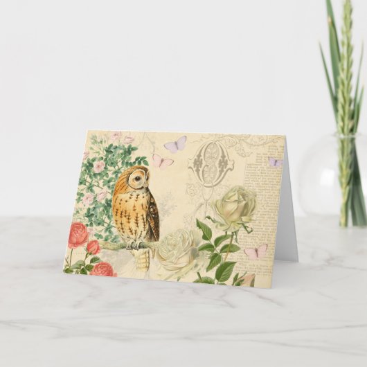 Vintage Eulengrußmit blumenkarte mit Rosen Karte (Vorderseite)