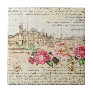 Vintage europäische Architektur und Rose Art Print Fliese