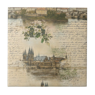 Vintage europäische Flusslandschaft - Handgeschrie Fliese