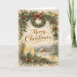 Vintage Evergreen Wreath Merry Christmas  Feiertagskarte
