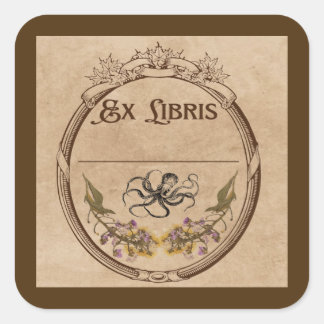 Vintage-Exlibris mit Oktopus Quadratischer Aufkleber