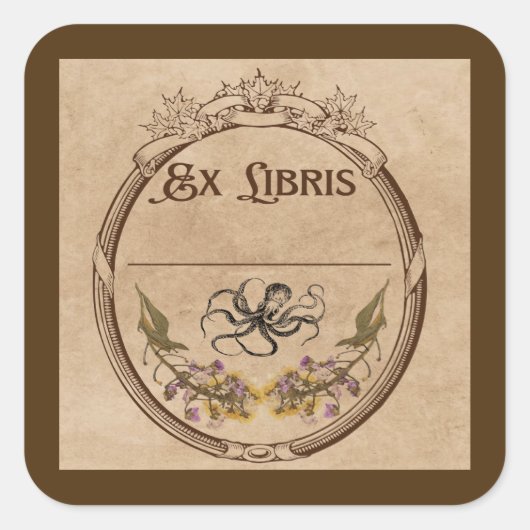 Vintage-Exlibris mit Oktopus Quadratischer Aufkleber (Vorderseite)