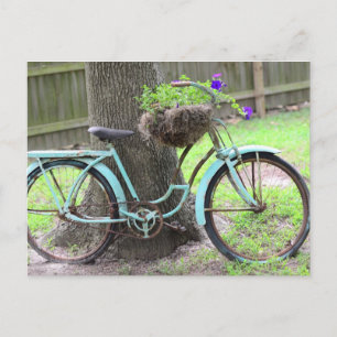 Vintage-Fahrrad-Blumenkorb Fahrrad im Garten Postkarte